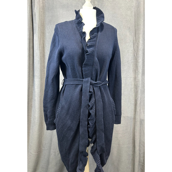 Talbots Blue Ruffle Cardigan Womens Medium Tie Waist Lined Pockets Cotton Blend - Picture 1 of 12